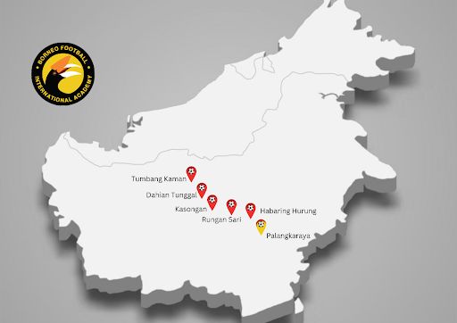 Map of Borneo showing BFIA training center locations: Tumbang Kaman, Dahian Tunggal, Kasongan, Rungan Sari, Habaring Hurung, Palangkaraya